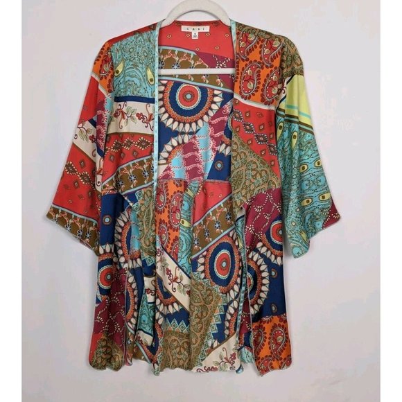 Cabi S Vintage Y2K Paisley Scarf Patchwork Print Tie Front Kimono Cardigan Boho - Picture 2 of 10